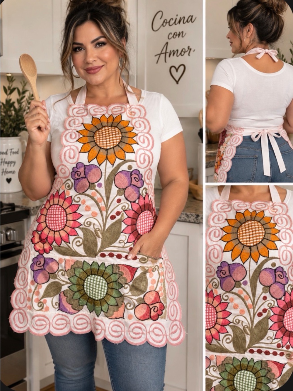 🩷Colorful Floral Embroidered White Apron with Sunflower Motif